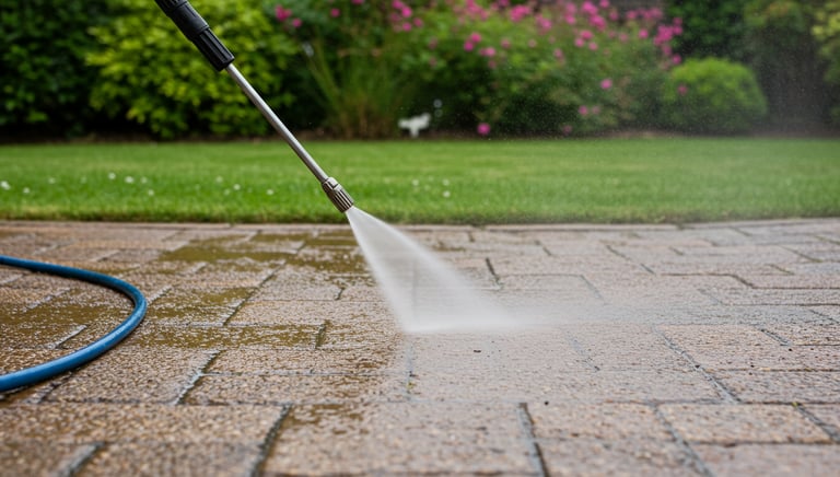 a person using a pressurer to clean a driveway