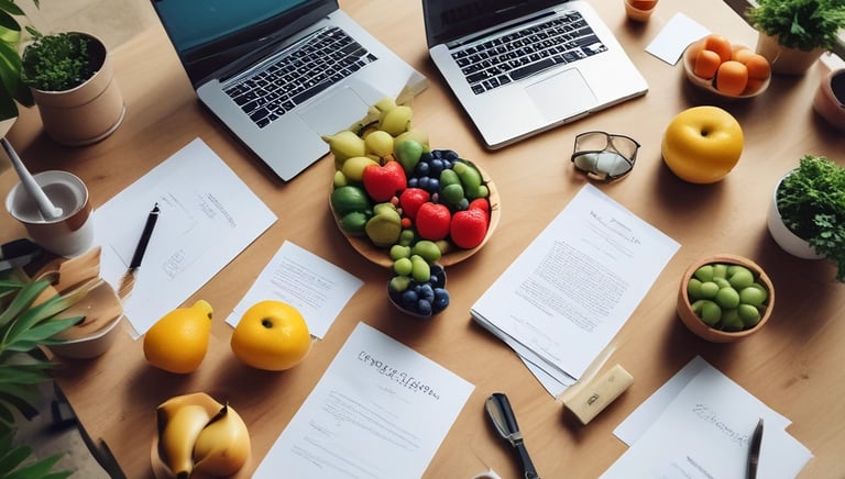 A professional consultation setting with a medical professional sitting at a desk facing a client. The room has a modern aesthetic with white walls decorated with framed certificates. The desk is organized with office supplies, a laptop, and a fruit bowl in the center.