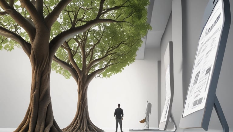 A conference room setting with several laptops on a large table, each being used by a person. A large screen displays a blue interface with the text 'Generate ad creatives from any website with AI'. A stainless steel water bottle and a conference phone are also visible on the table.