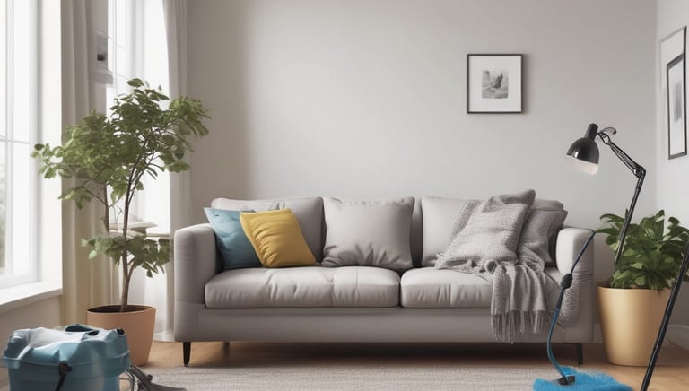 A home office setup on the floor in a well-lit room with a large window framed by blue curtains. Outside, palm trees are visible. Inside, there is a computer setup with a monitor, keyboard, and CPU, along with a bottle of hand sanitizer and a mask. A red cabinet is on the right, and there are boxes and household items like a kettle and rice cooker nearby.