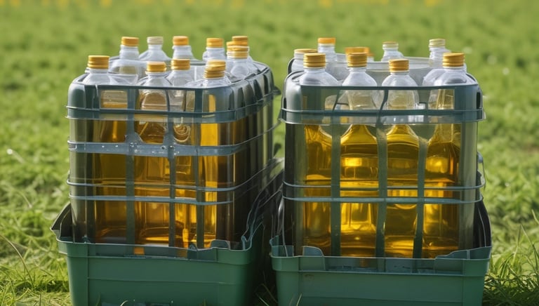 Two boats on a river are engaged in trade, with one loaded with bags of goods and people standing on the deck. The bustling scene suggests a lively market atmosphere. Nearby, other boats and buildings create a backdrop under a clear blue sky.