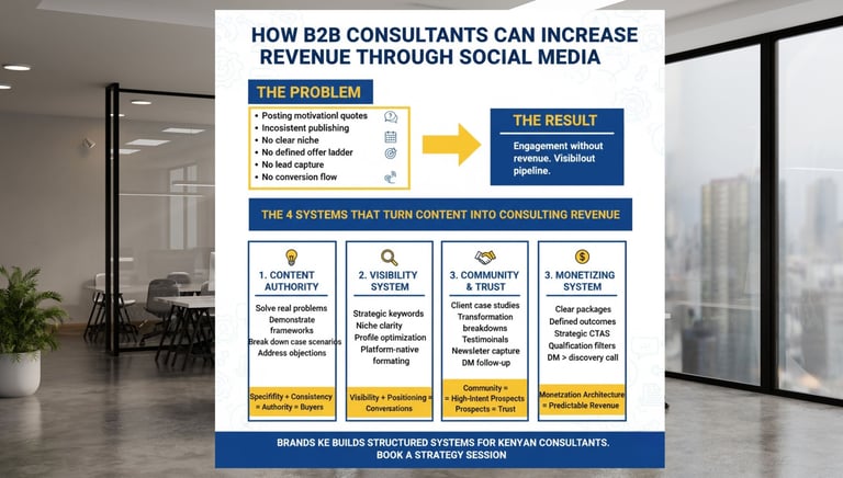 B2B social media revenue infographic for consultants detailing content authority and monetization systems.