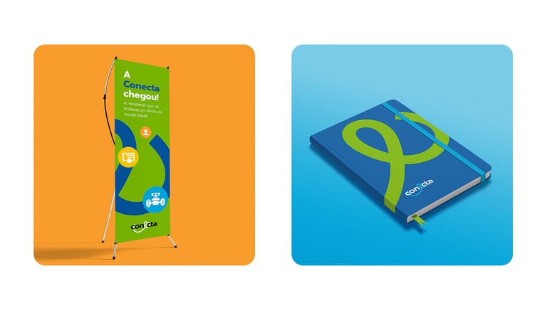 Banner and notepad with the Conecta visual identity on an orange and blue background