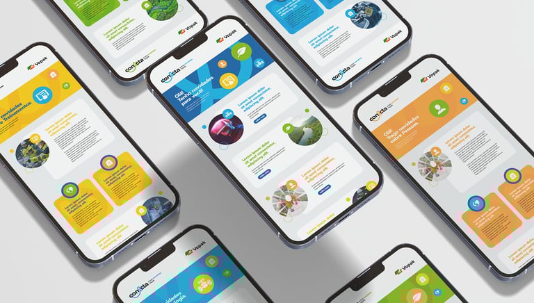Cell phone screens with Conecta's newsletter and visual identity