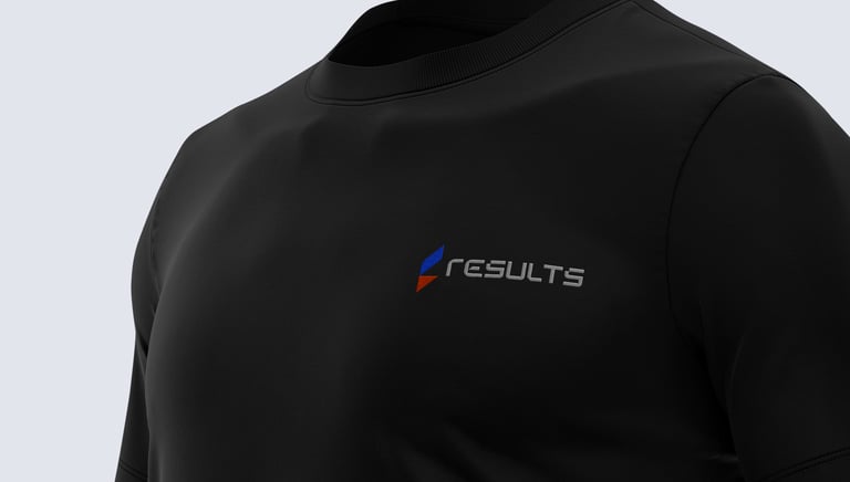 black t-shirt with the results logo