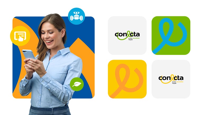 woman with smartphone and variations of the Conecta logo and visual identity