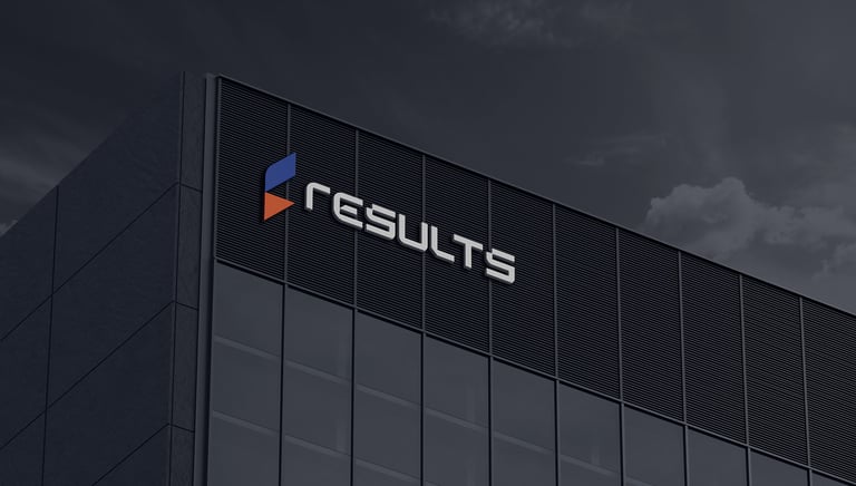 facade of a corporate building with results logo on a bright sign