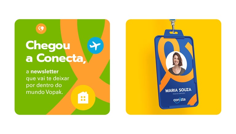 post for social networks and employee badge with the Conecta visual identity