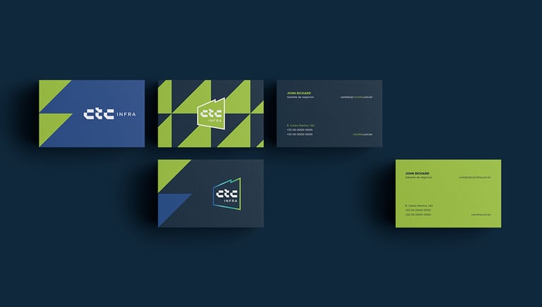 3 business cards with CTC Infra visual identity on a blue background