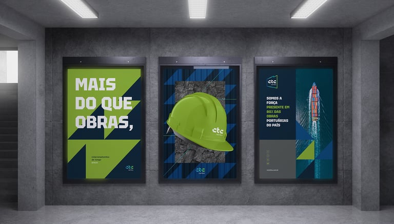 3 posters with advertisements and visual identity of CTC Infra on a cement wall