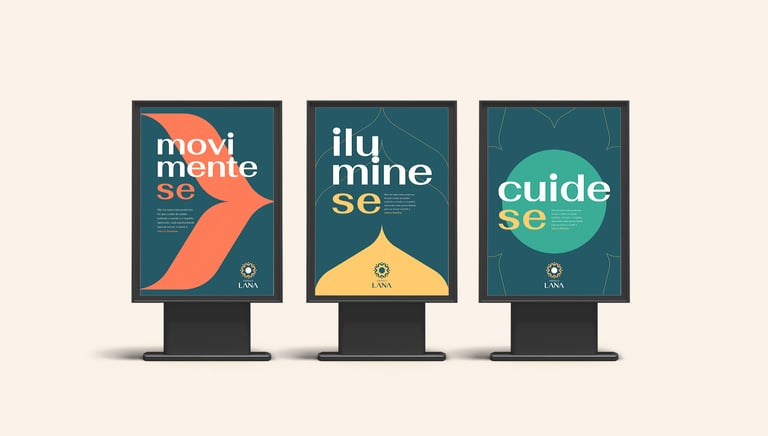 three posters with advertisements and visual identity of Espaço Lana