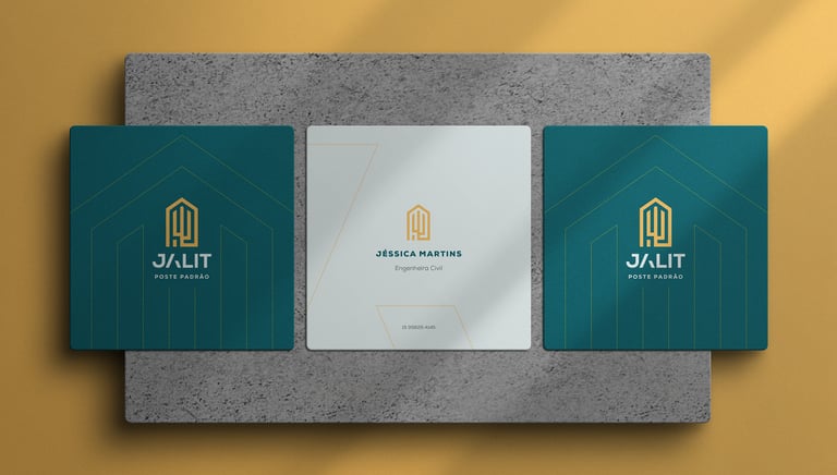 three square business cards on a yellow background with the Jalit visual identity