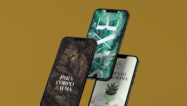 three smartphones with wallpaper from the Luz & Axé visual identity