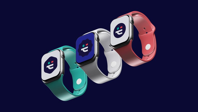 three smart watches with ponton symbols on a blue background