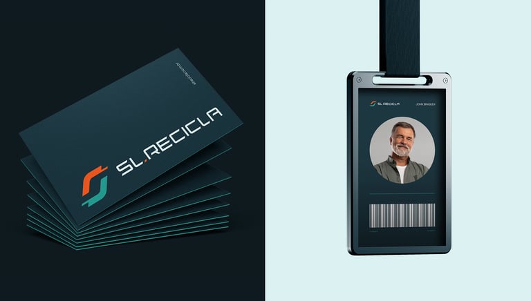Business card and badge with the SL Recicla visual identity