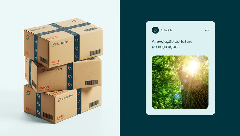 Cardboard delivery box and social media post with the SL Recicla visual identity