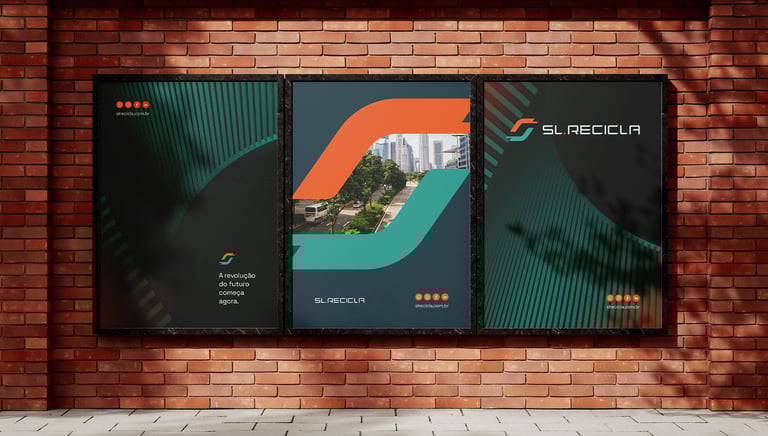 3 posters with advertisements and visual identity of SL Recicla on a brick wall