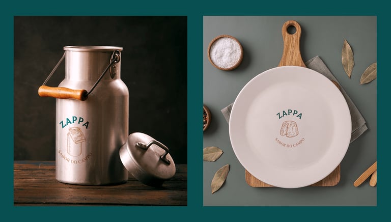 metal milk jug and white plate with applied Zappa logo