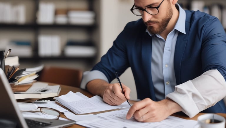 A person is sitting on the floor surrounded by tax forms and documents, holding a piece of paper in one hand. There is a smartphone with a calculator app open, and a pen placed on one of the documents.