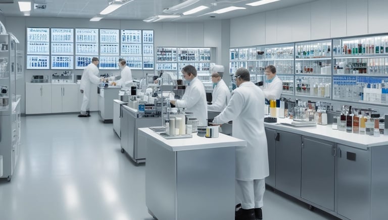 A laboratory technician working on pharmaceutical formulations in a cleanroom environment.