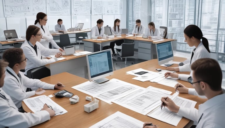 A professional consultant discussing plans with a client in a modern office.