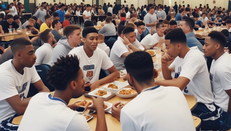 Three athletes are warming up on a grassy field, each wearing navy blue jackets and light blue shorts. They are engaged in a drill involving small orange and blue cones placed on the field. Spectators can be seen sitting in the background in a stadium setting, and advertisements are displayed on the side of the field.