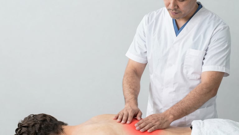 Patient receiving gentle neck therapy in a calm, soothing environment with soft natural light.