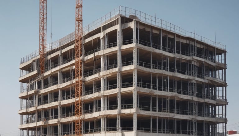 Construction workers collaborating on a building site with heavy machinery in the background.