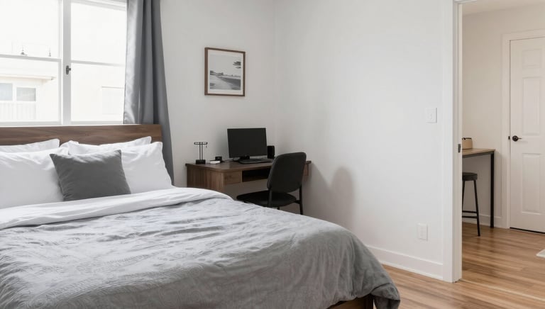 A professional cleaner carefully wiping a modern living room window, sunlight streaming in.