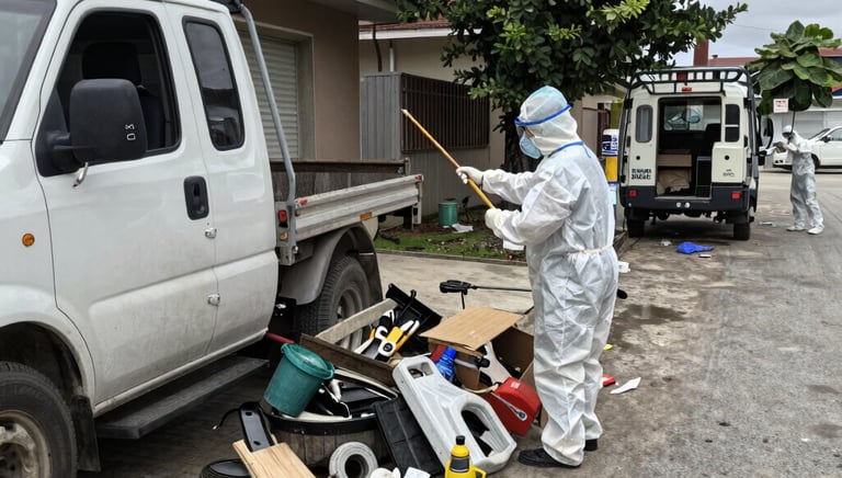A team of cleaners working efficiently in a bright, open office space with desks and computers.