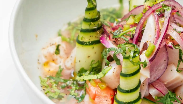 A plate of Peruvian ceviche in a restaurant in Lisbon, Portugal