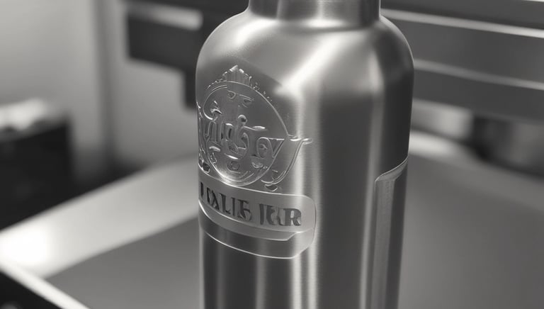 A close-up of a laser engraving machine working on a textured surface. The machine's laser emits a bright blue light, illuminating the surrounding area. The metal parts of the machine have labels and warning signs, and there are several metallic and plastic components visible.