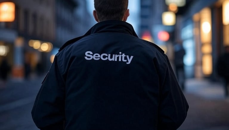 A uniformed private security guard patrols a city street at night to provide urban safety and protection.