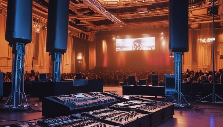 A modern audiovisual setup showcasing screens and lighting at an event.