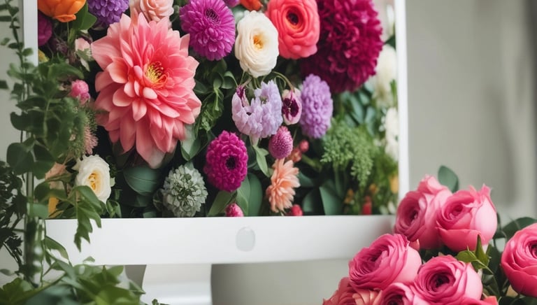 A modern workspace with a laptop displaying a vibrant floral website design.