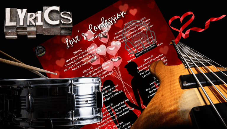 Love's Confession’ lyric art with a couple silhouette, heart balloons, drums, guitar & heart ribbon.