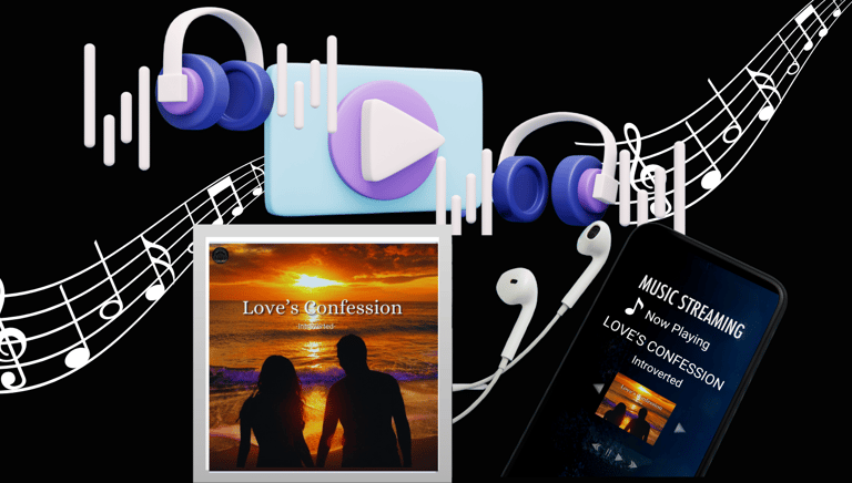 Love's Confession cover art with lovers at sunset, headphones & music stream.