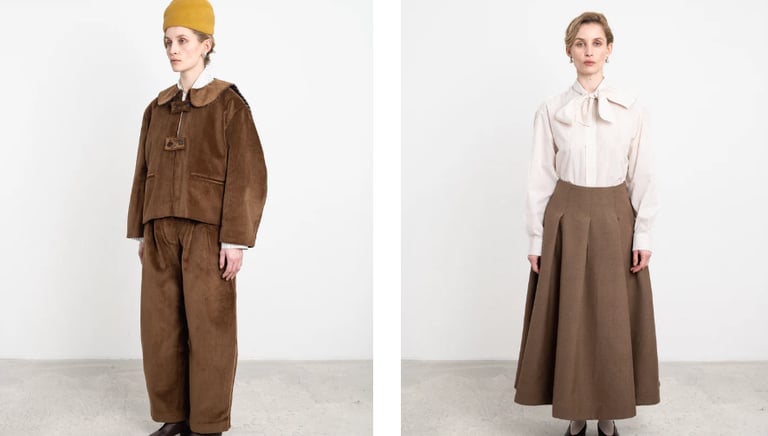 Rail of Cawley Studio garments in earthy, neutral tones