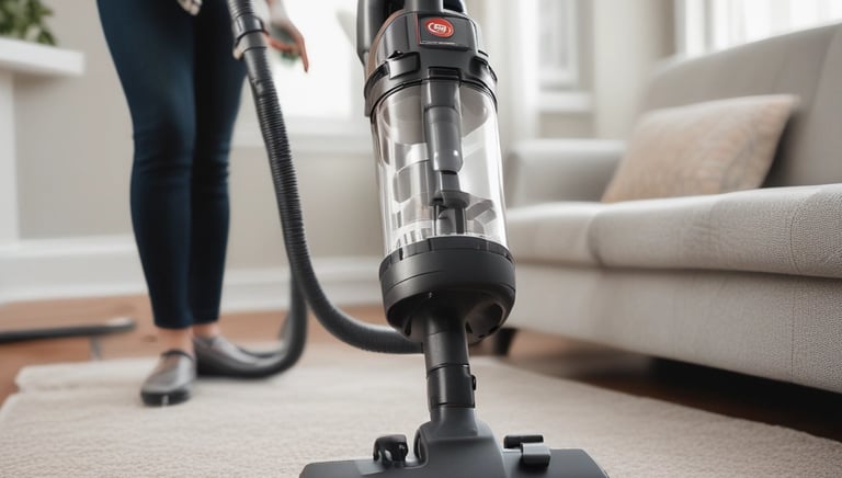 A person in protective suit cleans a carpet.