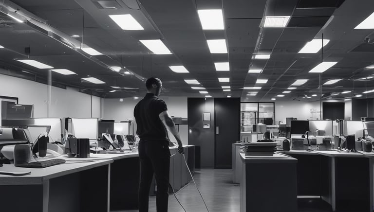 man cleaning on floor beside white wall