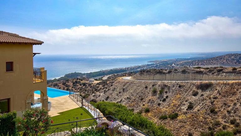 Panoramic terrace view of the Mediterranean Sea at Theseus Retreat holiday rental in Aphrodite Hills, Cyprus
