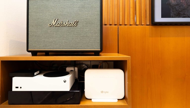 Entertainment area with Marshall speaker, Xbox and fibre internet at Theseus Retreat holiday rental