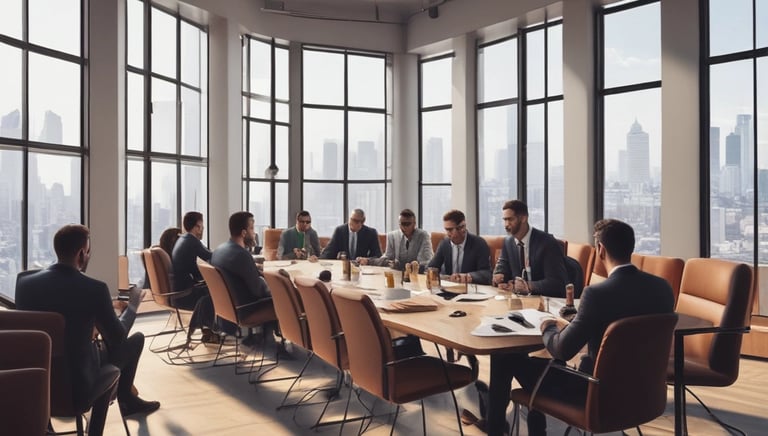 A professional meeting room with people discussing business plans.