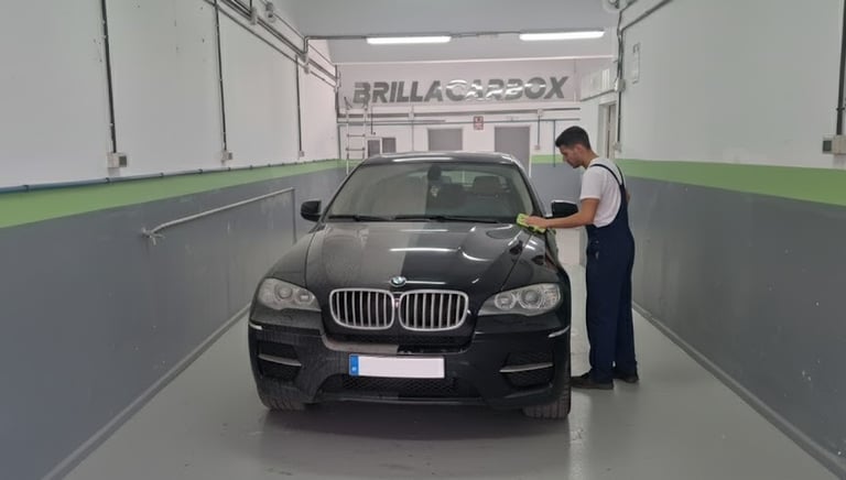 a man is cleaning a car in a garage