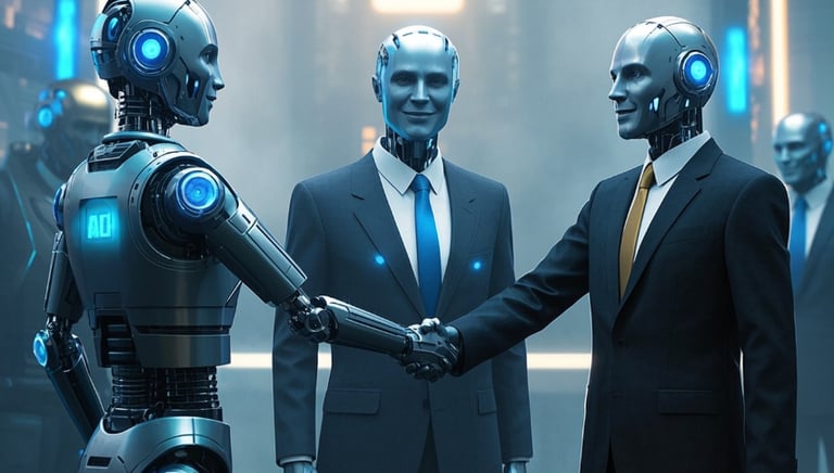 a couple of ai male robots business suits introducing each other 