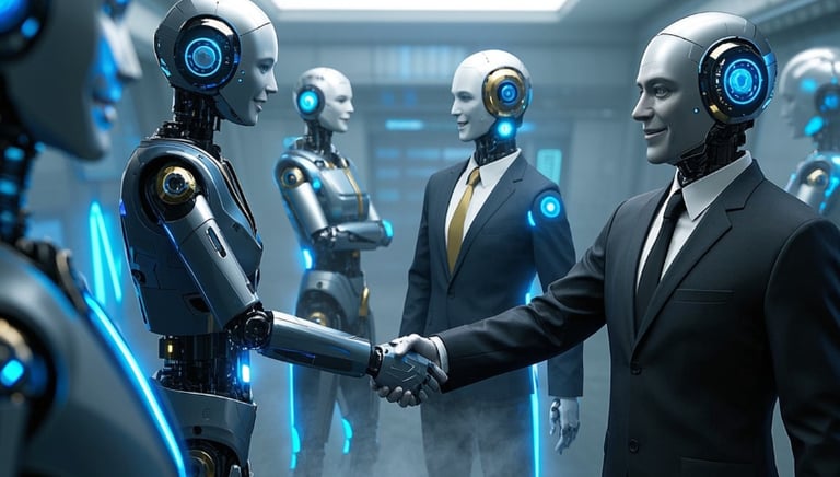 ai female and male robots business suits introducing each other