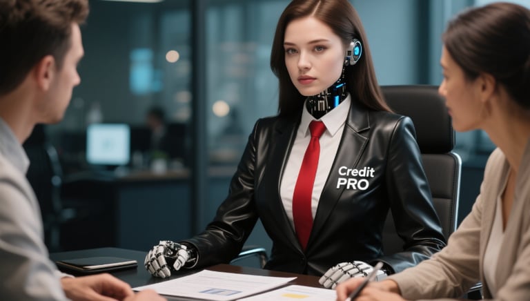 a woman in a black suit and red tie helping out a married couple repair their credit