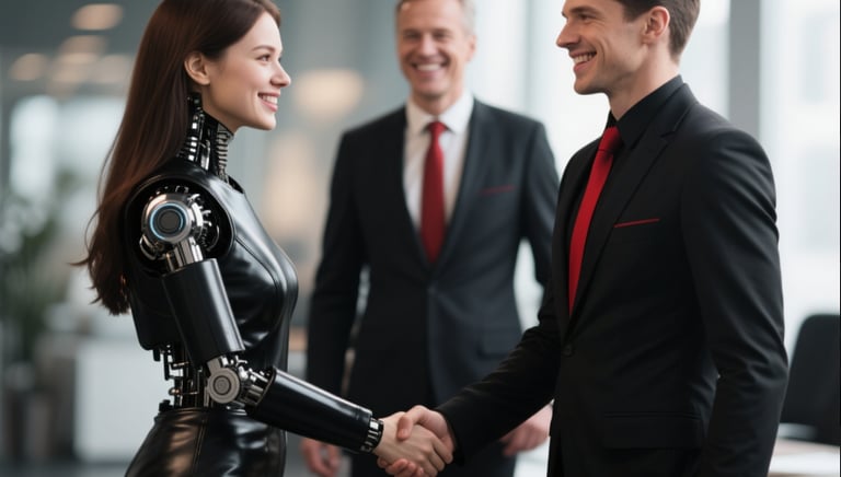 a woman and man shaking hands in front of boss all are smiling