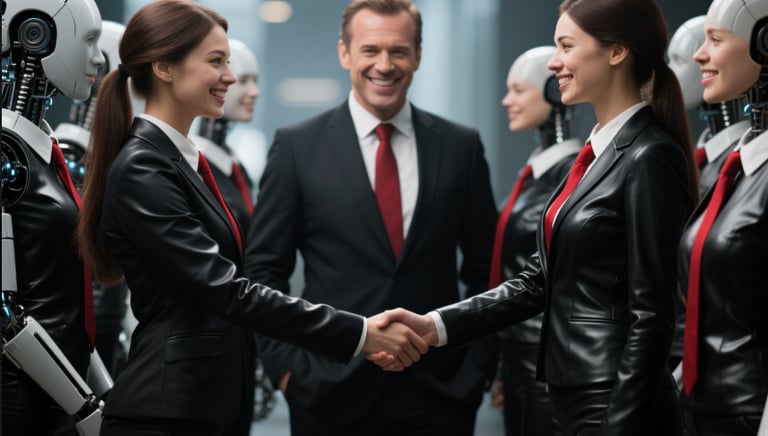 two woman shaking hands in front of the boss all are smiling