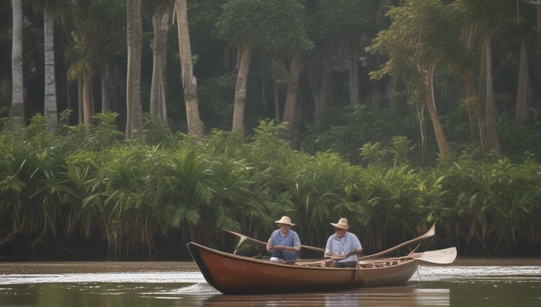 man in brown boat on lake during daytime